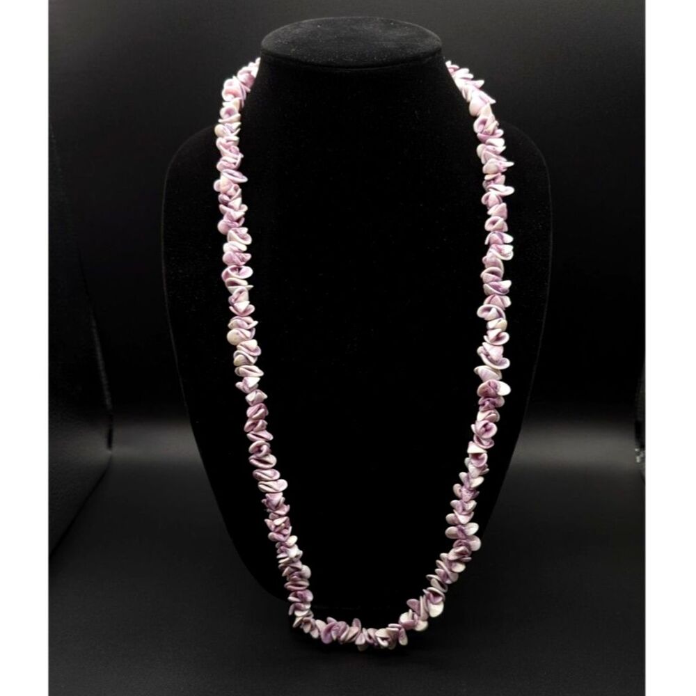 Shell Statement Necklace - Purple and White Periwinkle Lily Shell Beads - 32"